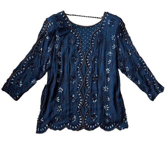 Vintage JLB Silk Black Beaded Sequin Tunic Top Size L (approx) 80's 90's Holiday - Picture 2 of 15